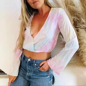 NEW F21 Forever 21 White Pink Yellow Sherbet Tie Dye Bell Sleeve Crop Top Shirt